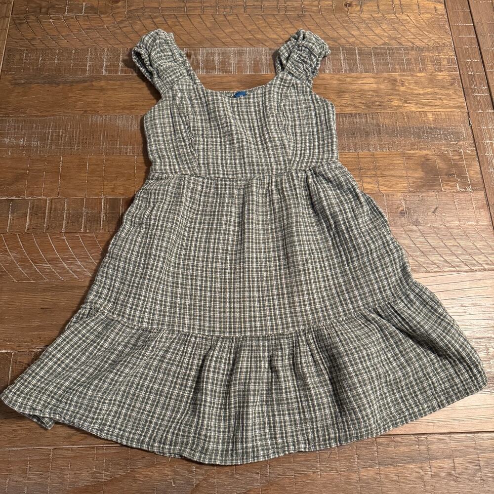 Old Navy Womens XS Olive Green Gingham Tiered Gauze Mini Dress Ruffle Cottage